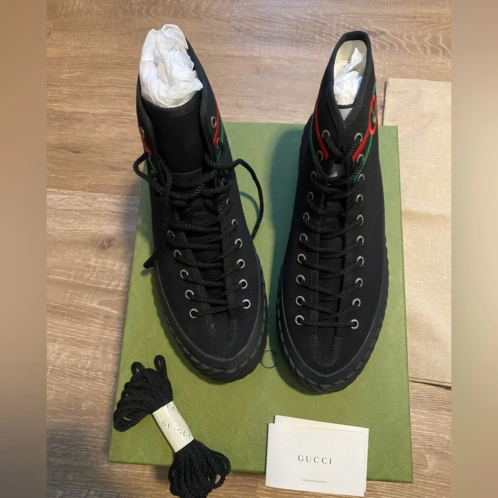 NWT Gucci GG men’s black interlocking G canvas high-top sneakers - Picture 6 of 9